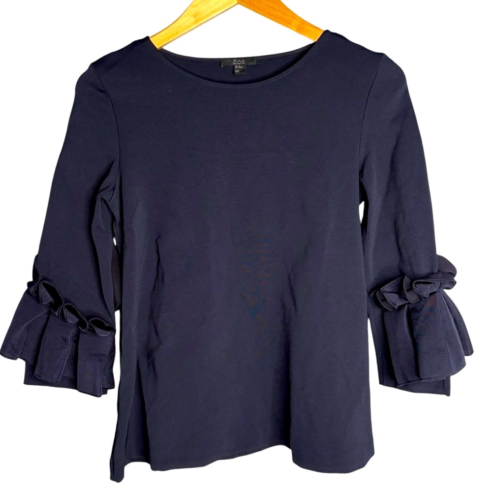 COS Blue Ruffled Bell Sleeve Blouse with Crew Neck and 3/4 Sleeves